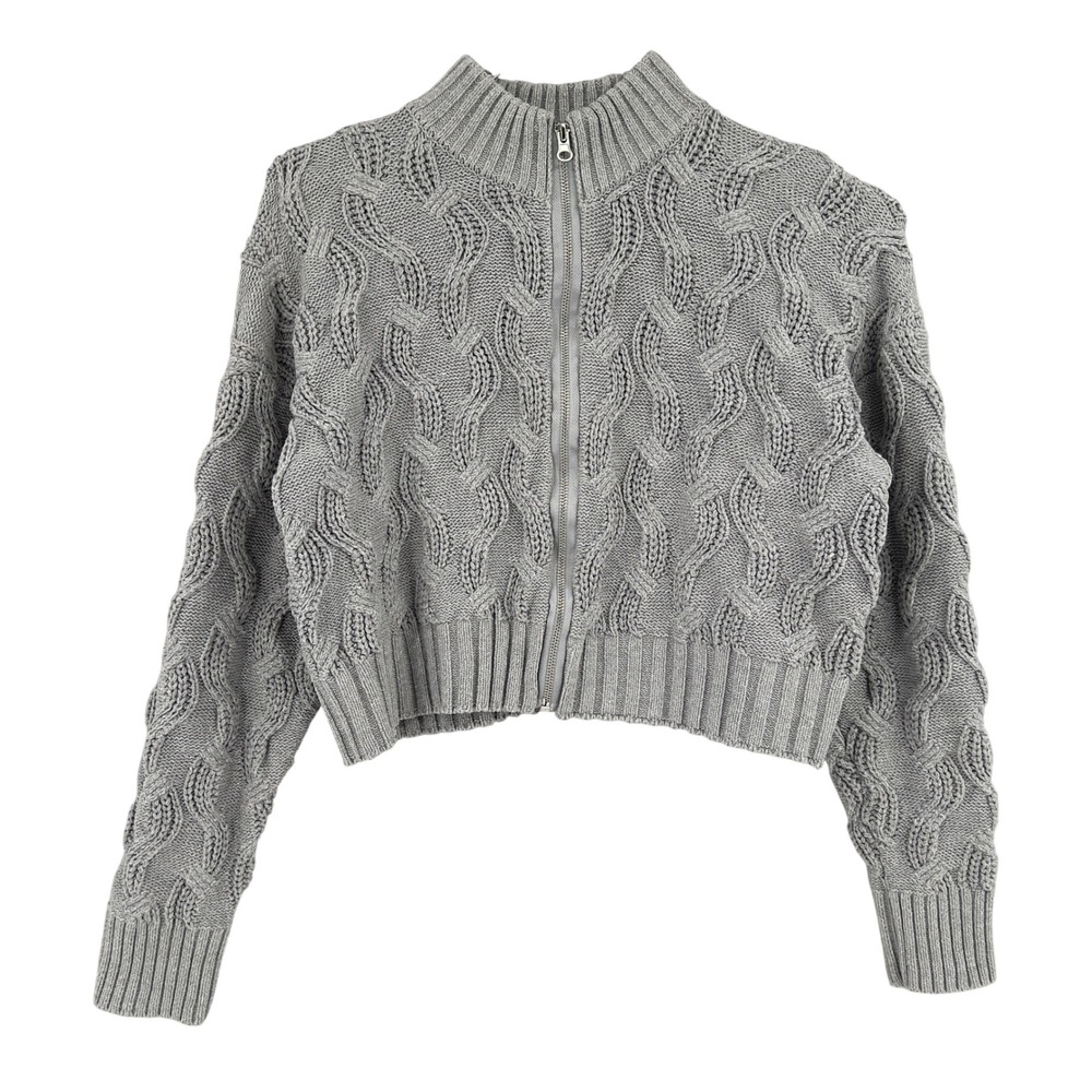 Forever 21 Womens M Cropped Cardigan Sweater Grey Cable Knit Zip Coquette Scandi